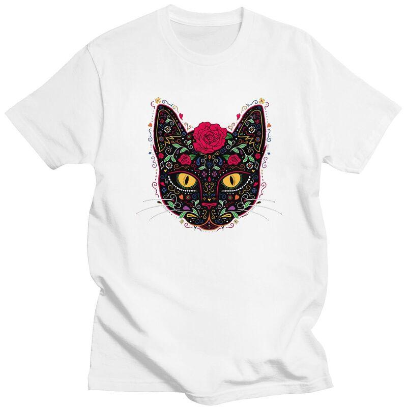 Custom Cool Day Of The Dead Kitten Cat Sugar Skull T Shirt Men Short Sleeve Pure Cotton Tshirt Tees Streetwear Tshirt