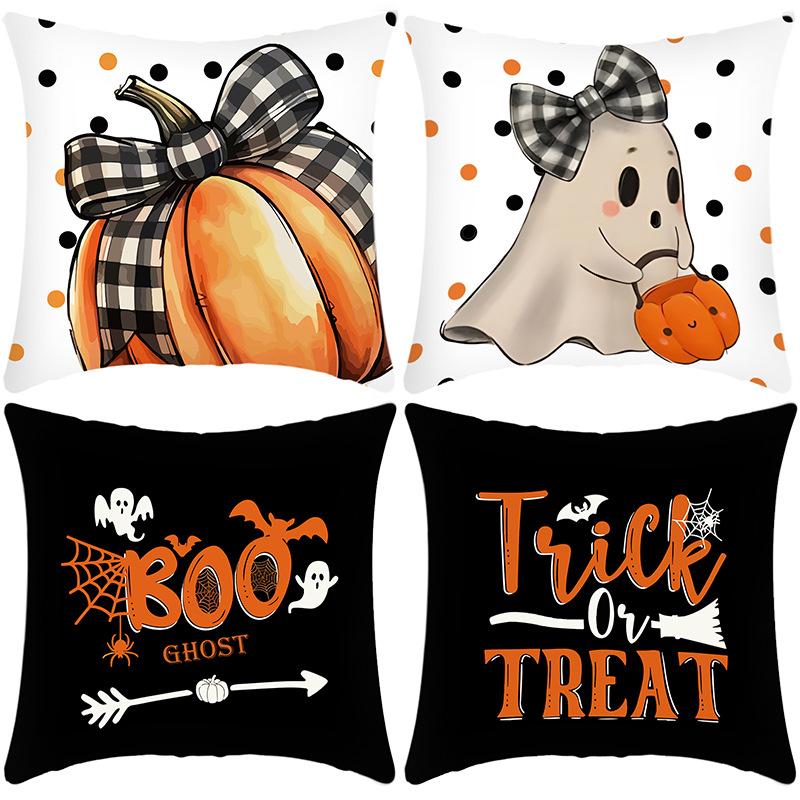 Black and White Pumpkin Pillowcase Cartoon Printed Pillow Halloween Home Decoration Polyester Pillowcase