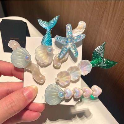 5pcs New Ocean Series Shell Starfish Hair Clips Pink Pearl Mermaid Hairpins Purple Princess Headdress Hair Accessories