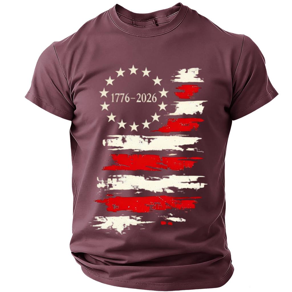 Men’s Short Sleeve Crew Neck T Shirt with Distressed Flag Print 776–2026 Graphic for Everyday Wear