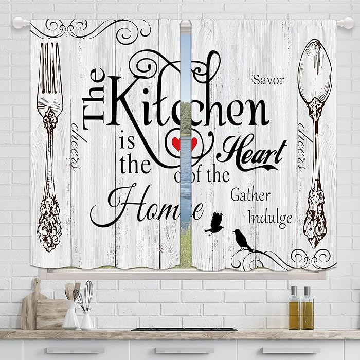 Retro Kreativer Druck Vorhang, Stangentasche, Küche, Esszimmer, Wohnzimmer, Dekoration, 2 Stück