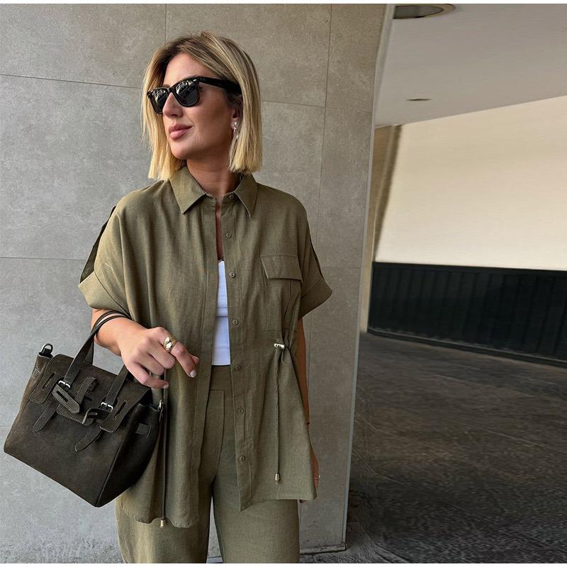 Set de damă cu șort cu șnur și mânecă scurtă, culoare uni, pantaloni lungi, cu trei culori la alegere, cu talie marcată, stil casual, vară, set nou pentru femei