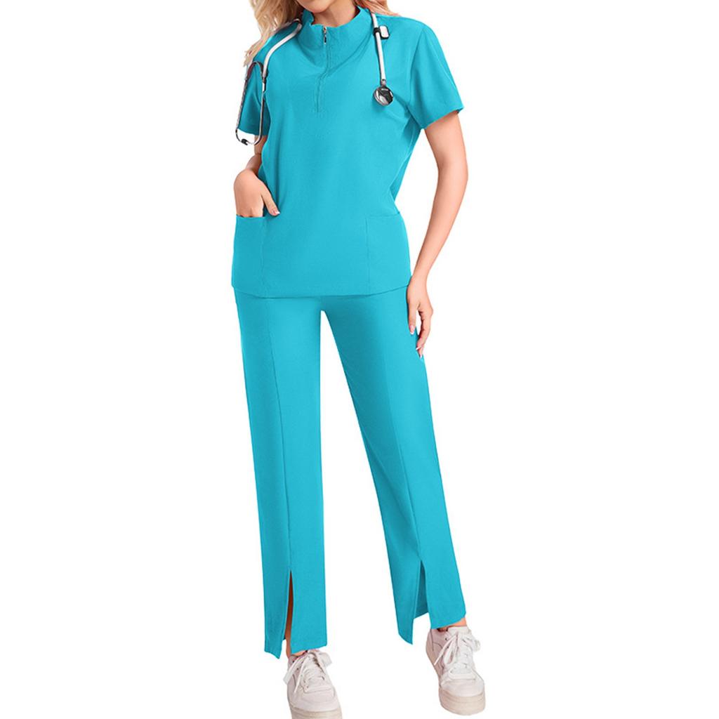 Women's Short Sleeved Solid Color High Collar Pocket Top Pants Work Clothes Two Piece Set