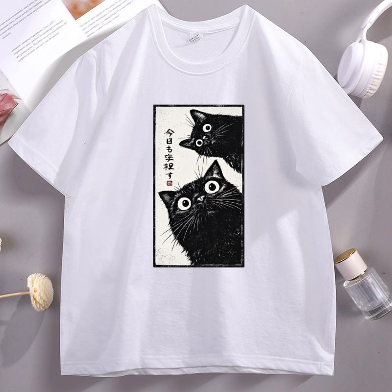 Japanese Cat Graphic TShirts Vintage Tokyo Aesthetic Black Cat Tee Kawaii Streetwear Casual Cotton Short Sleeve Round