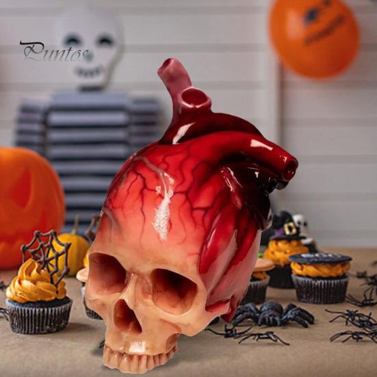 Skull Heart Figurine Spooky Life Size Skull Resin Statue Sculpture Halloween Home Office Desktop Bookshelf Decoration Ornament Festival Gift