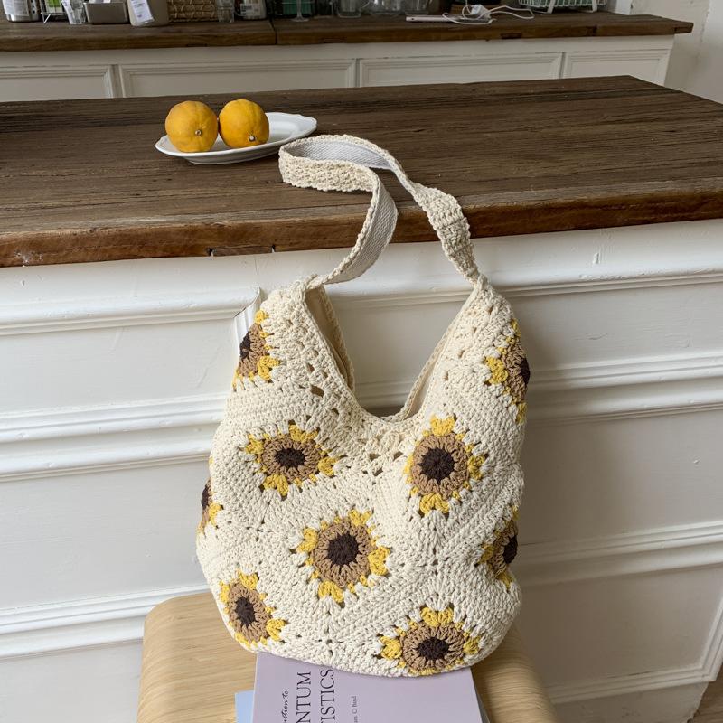 

Летняя новая модная плетеная сумка с полым узором, сумка-тоут через плечо, повседневная соломенная сумка большой вместимости для поездок на работу жёлтый