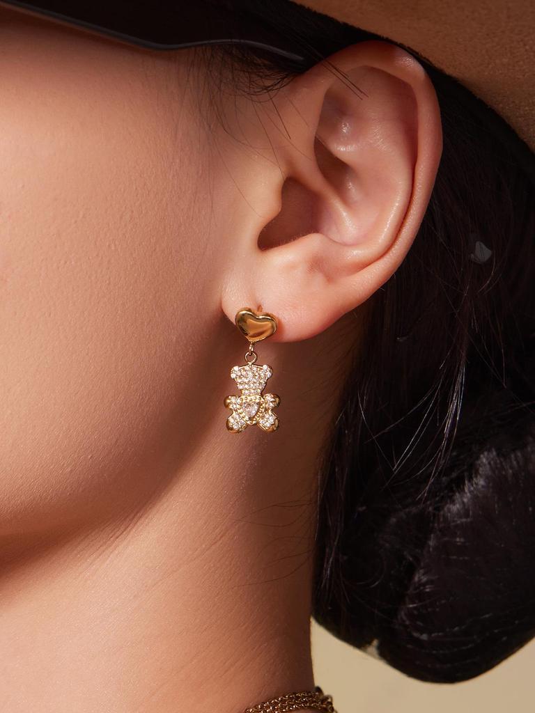 Qiong Yao Full Diamond Bear Pendant & Bamboo Joint Earring Bracelet Necklace Set - Non-fading.