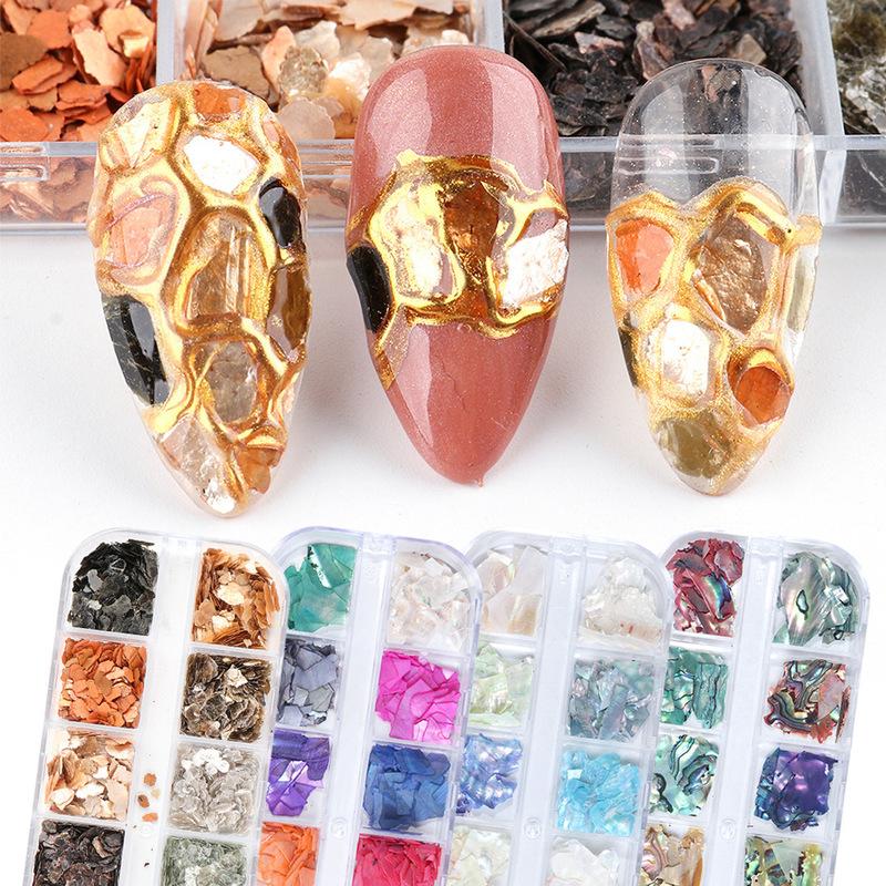 1 Krabička Nehty Abalonová skořápka Fragmenty Textura Přírodní mořská skořápka 3D Ozdoba Skořápka Nail Art Dekorace DIY Kosmetické nástroje