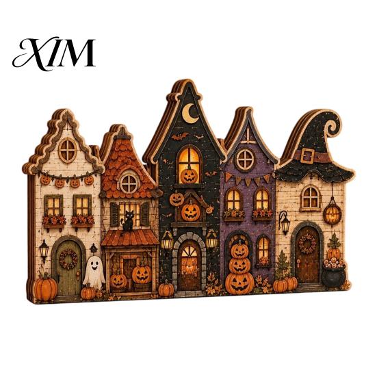 Indoor Autumn Harvest Decor Halloween Retro Haunted Village Wooden Tabletop Decor, Fall Farmhouse Witch Holiday Party Home Accents House Ornament,