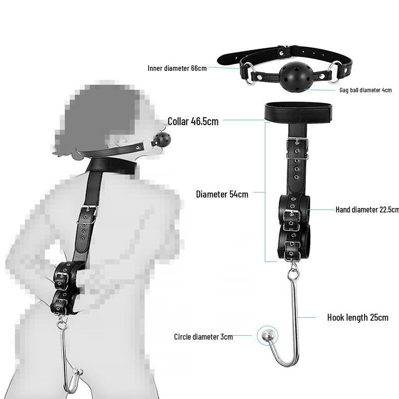 SM Adult Toys: Reverse Hand Gag with Upper & Lower Cuff Straps and Hooks, Metal Anal Plug, Leather Binding.