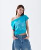 ESCAPEFROM [Escf X Hot Today] Halftone Lily Boat Neck Slim Fit Short Sleeve T-Shirt Teal Blue