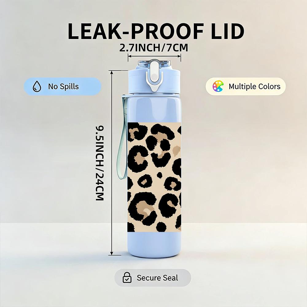 1PC Black Leopard Skin Texture 750ml Color Plastic Sports Water Bottle Leakproof Flip Straw Lid For Sports Office Home Use