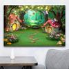 2D Whimsical Green Forest Mushroom Cottage Backdrop for Children Photoshoot