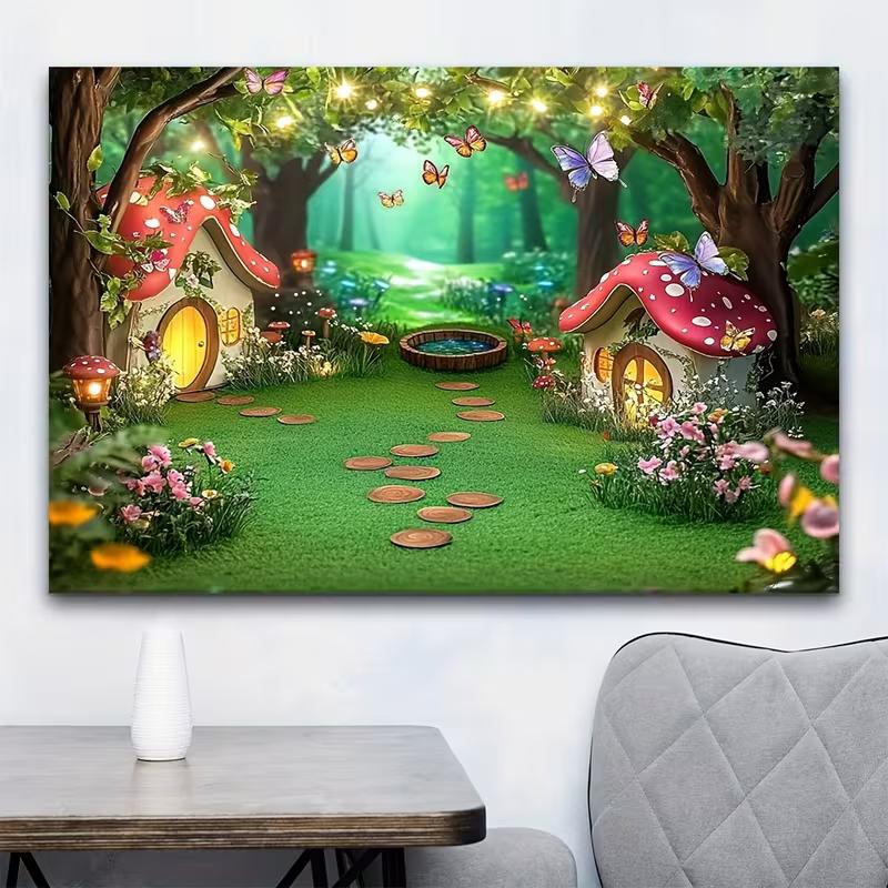 2D Whimsical Green Forest Mushroom Cottage Backdrop for Children Photoshoot