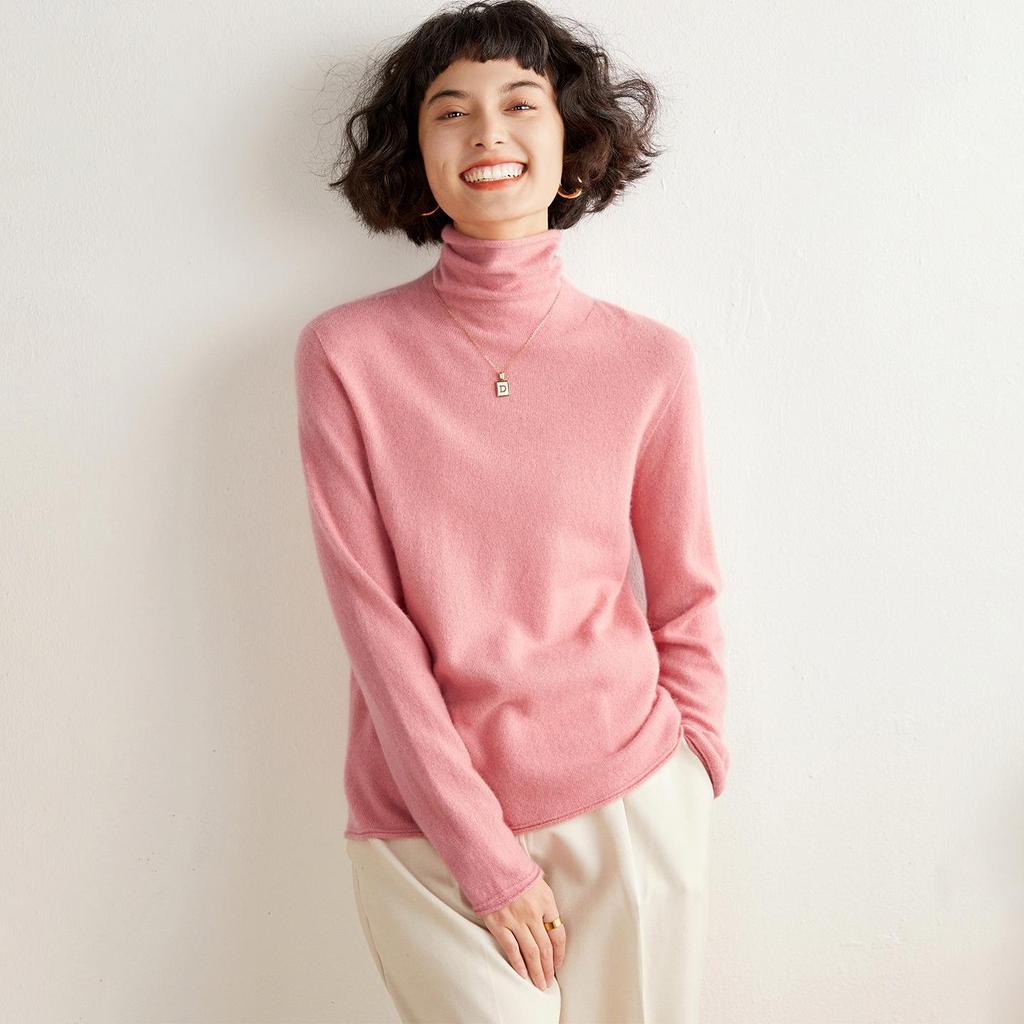 Women's Solid Color Cashmere High Neck Sweater - Loose Knit, Seamless Wool Base Layer