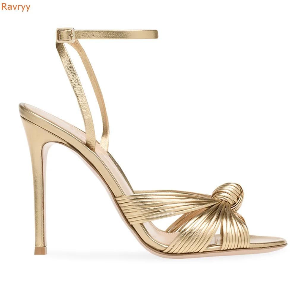 Gold Color Stiletto Heel Sandals Cross One Word Belt Round Toe Slingback Ankle Strap PU Sandals Women Party Large Size46
