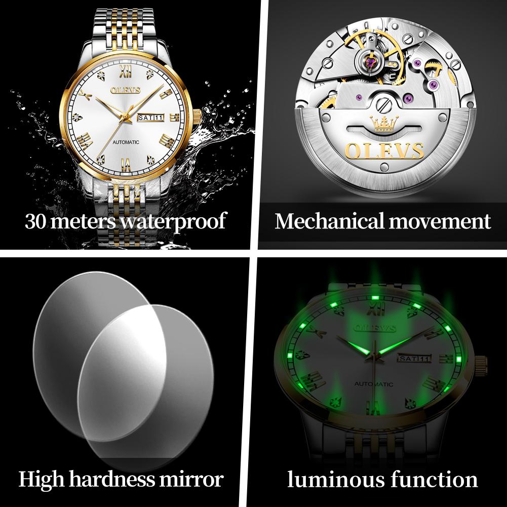OLEVS Original Men's Watch Stainless Steel Dual Calenadr Classic Luxury Business Automatic Mechanical Wrist Watches for Man 6602