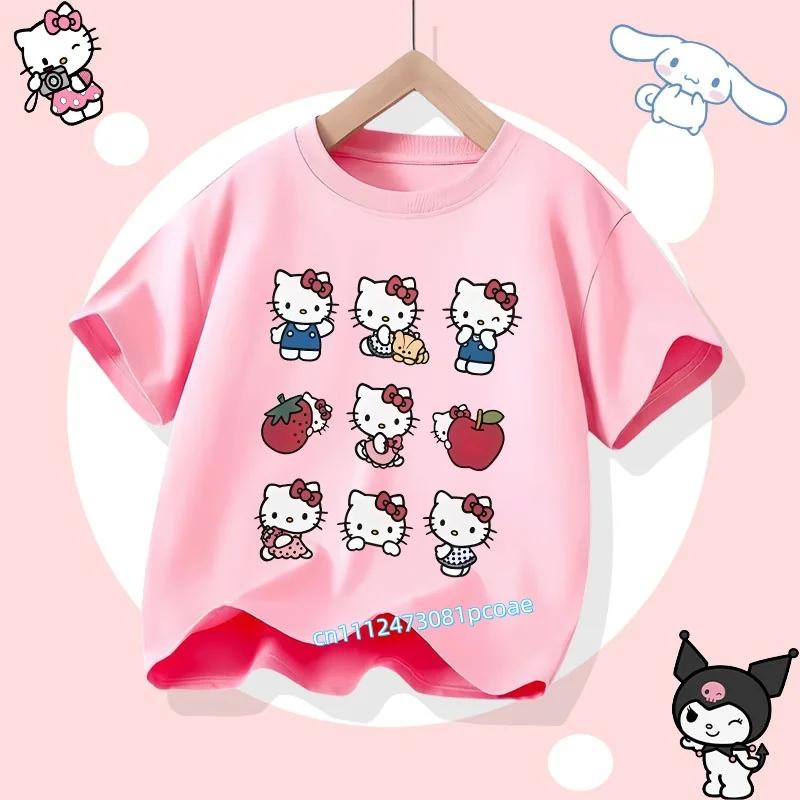 2026 Hello Kitty Summer Tshirt  Cotton ShortSleeved Girls Sportswear with Cartoon Print for Children Aged 112 Years Old