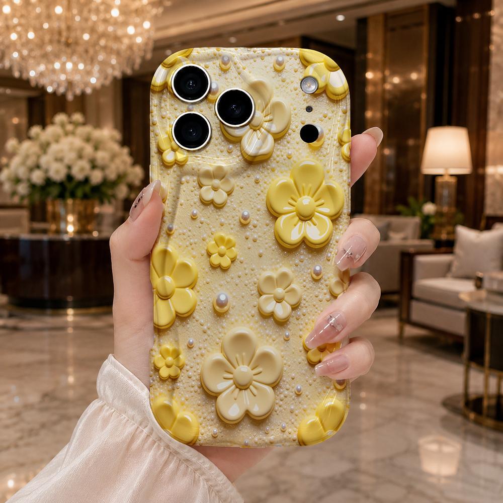 Yellow Floral Pearl Dot Wavy Edge Phone Case For iPhone 17 16 15 14 13 12 11 8 7 Plus Pro Max Elegant Soft Silicone Cover