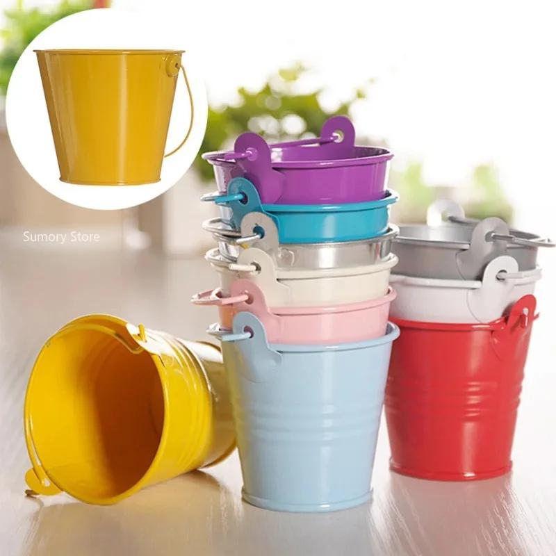 1pc Mini Metal Iron Flower Pot with Handle Hanging Balcony Garden Office Planter Mini Bucket Candy Basket Home Decor