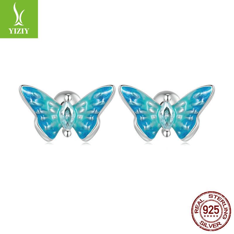 Bright Oil Drop Butterfly Earrings for Women - S925 Silver Threaded Ear Jewelry