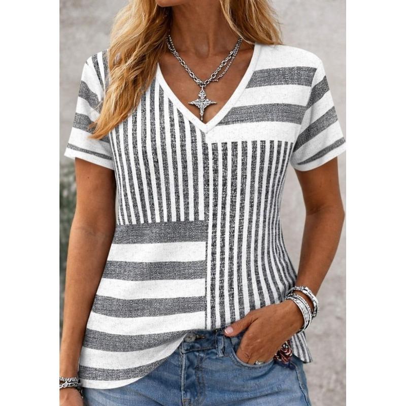 

Women s Vintage Gradient Plant Print T-Shirt, V-Neck Short Sleeve, Green Blue White, Spring Summer S