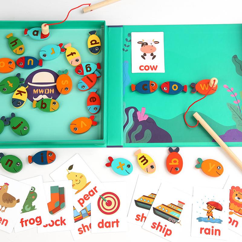 Kids Montessori Toy Wooden Magnetic Fishing Game Fine Motor Skill Counting Catch ABC Alphabet Fish Cognitive Toys Spelling Games