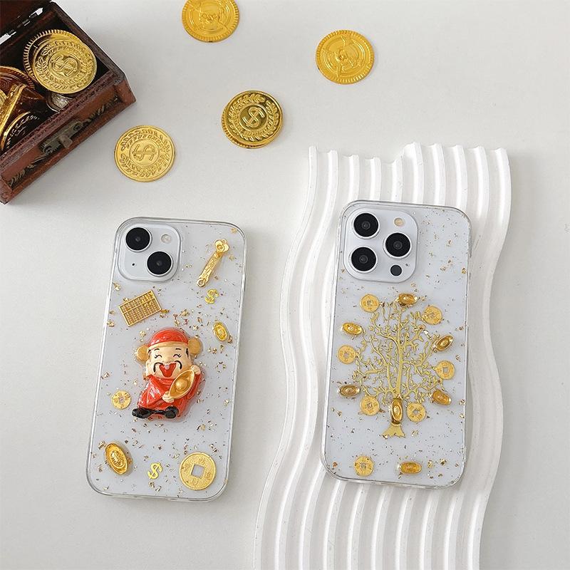 New Year's Money Tree God of Wealth Mobile Phone Case for Apple 16 Promax Transparent Glue for IPhone 17 Yuan Bao Qian