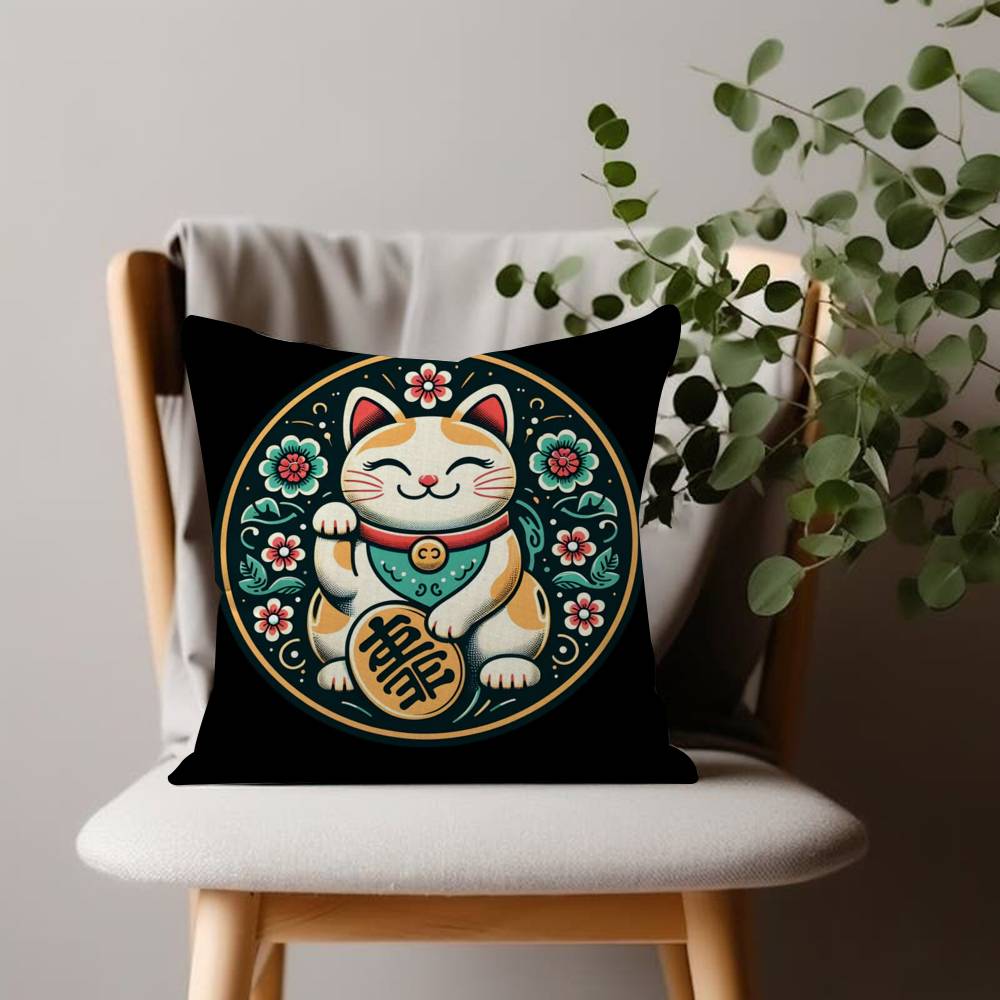 Lucky Cat Japanese Manekineko Pillow Case Sofa Living Room Bedroom Doublesided Printing Square Cushion Nap Time Pillow Case