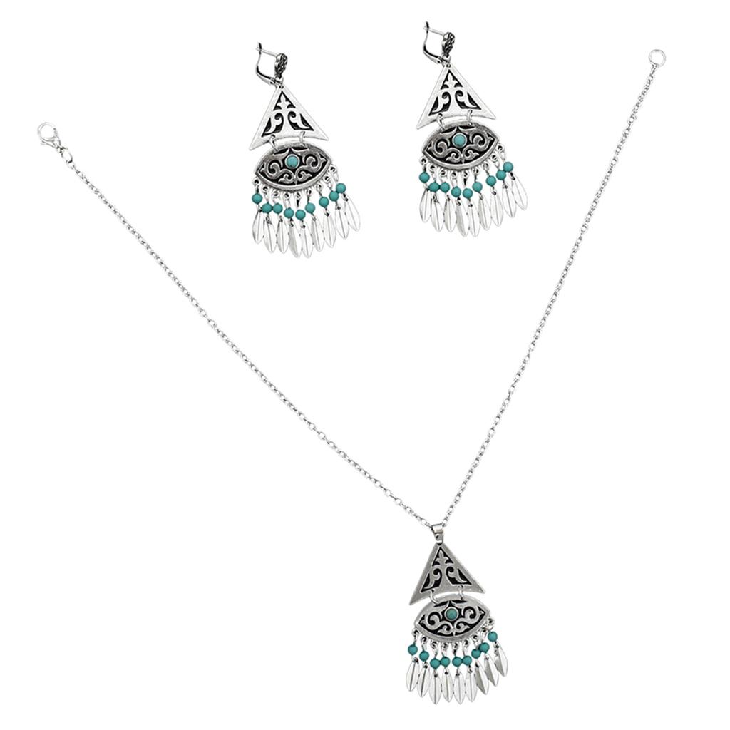 Women's Vintage Bohemian Style Tassel Hook Earrings and Necklace Jewelry Set 74GR