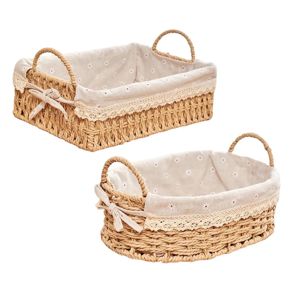 Woven Storage Baskets Kitchen Organizer Handwoven with Handles Cosmetic Box for Breakfast Fruit Bedroom Bathroom Home Decorative