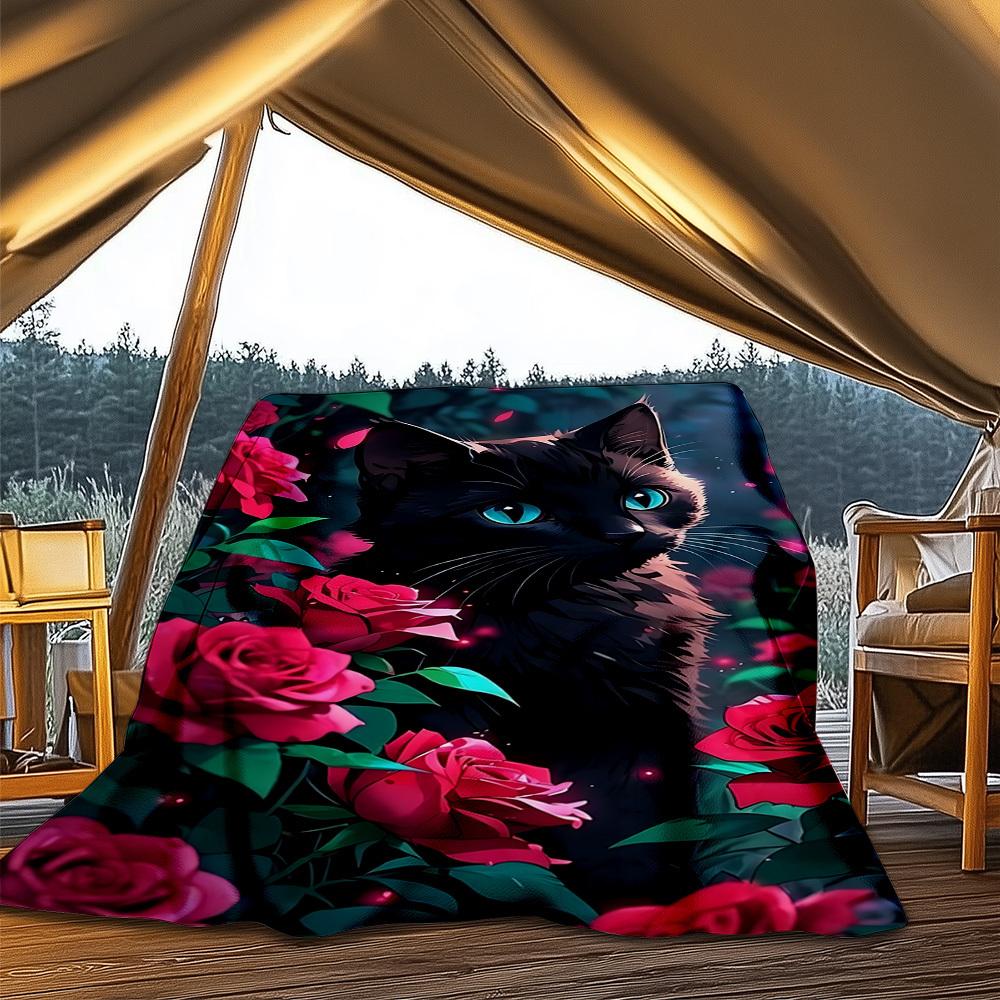 1pc Black Cat with Roses Outdoor Flannel Blanket , Machine Washable Perfect Gift for Birthday , Holiday Travel Accessory , Durable Material