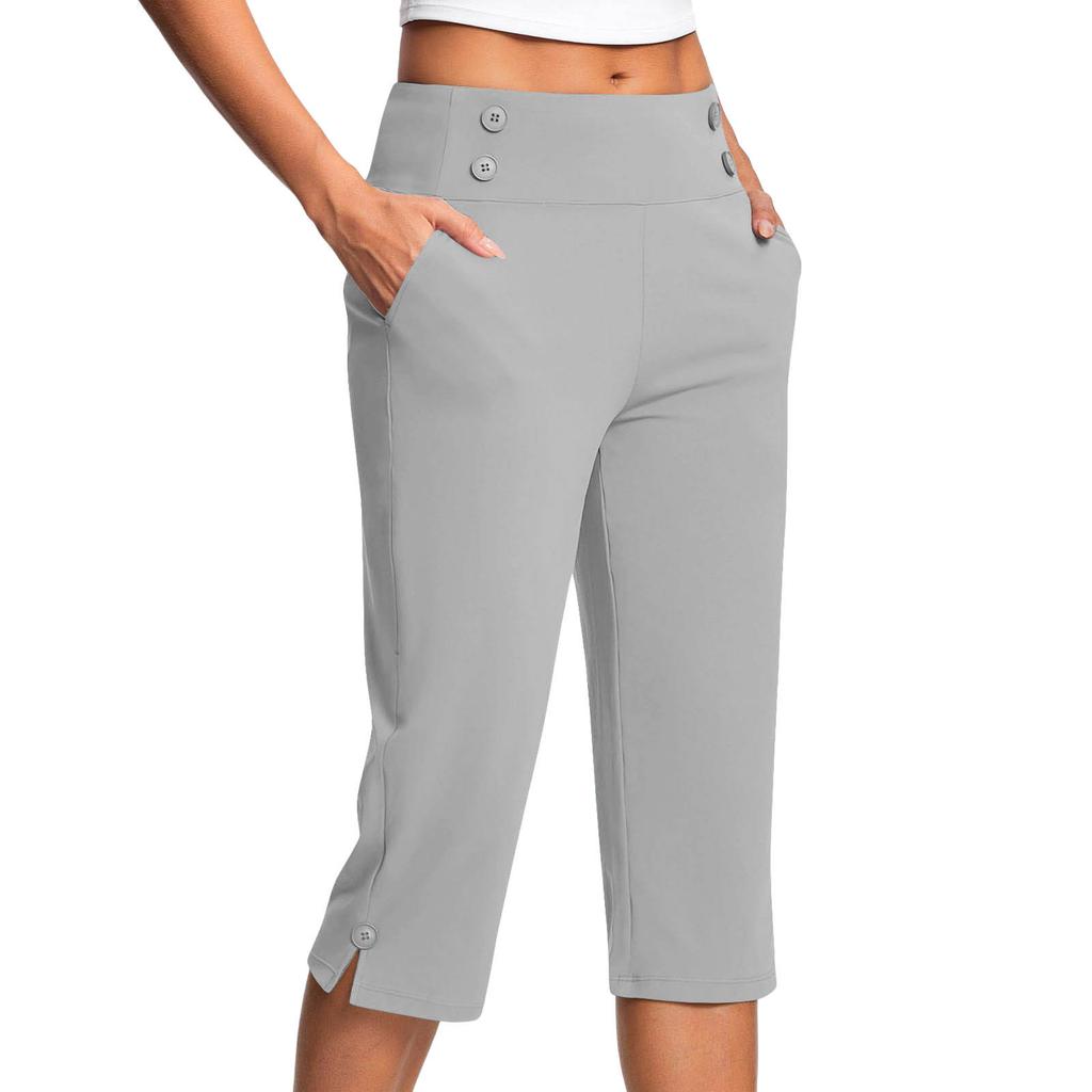 Women's Fashionable Solid Color Button Pocket Pants with Split Hems High Waist Sports Yoga Casual Cropped Pants