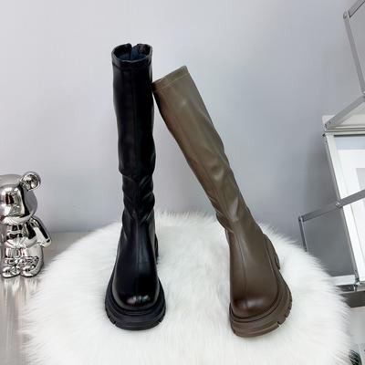 Long Boots 2025 Autumn Tall Knight Boots Thick-soled Heightening Women's Boots Rear Zipper Skinny Boots Women's Leather Boots