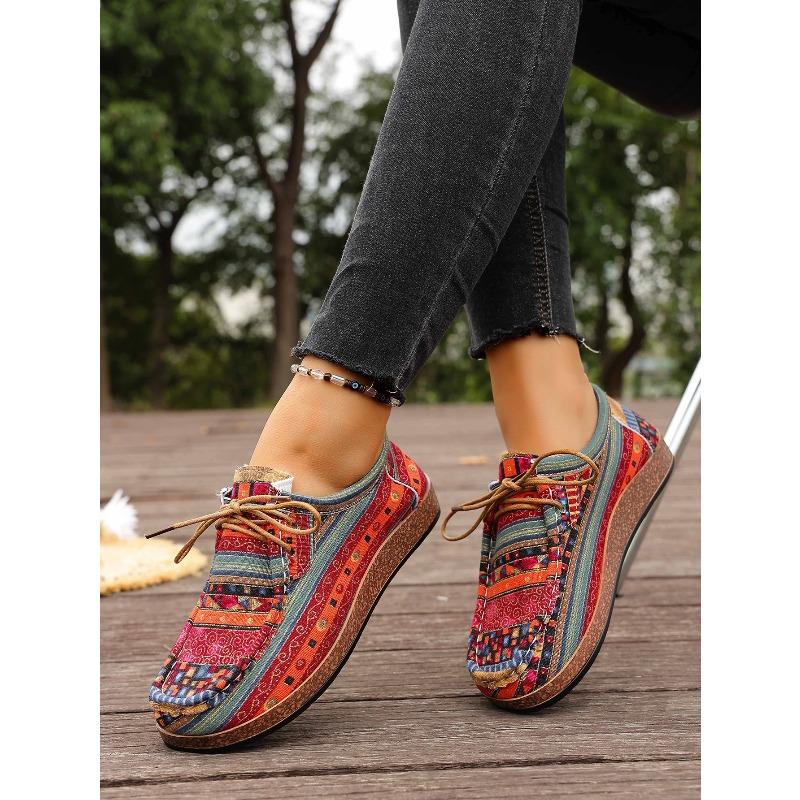 Printed Ethnic Style Lace-up Casual Shoes 2025 Autumn New Plus-size Flat Low-top Shoes for Women
