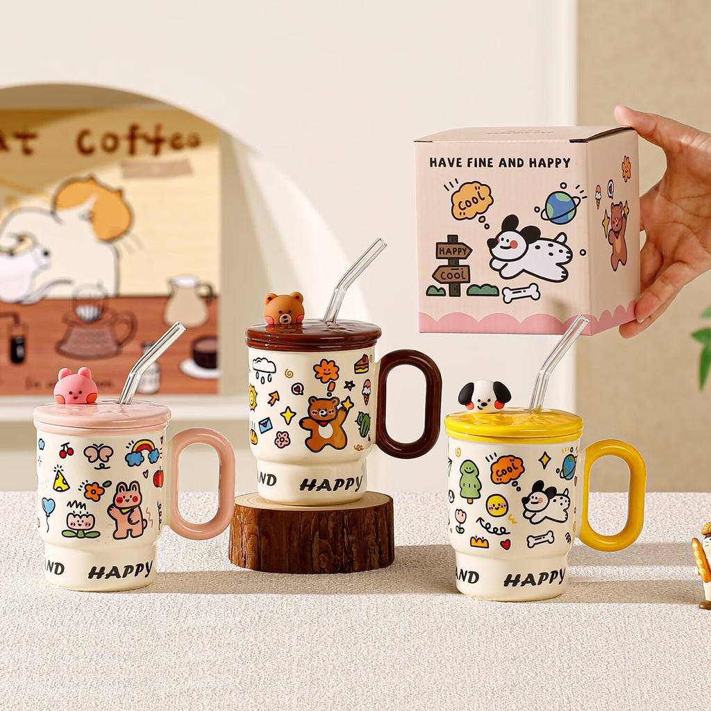 2025 Summer Hot-Selling Straw Cup Direct Sales Whole Ceramic Cup With Lid With Straw Cartoon Mug
