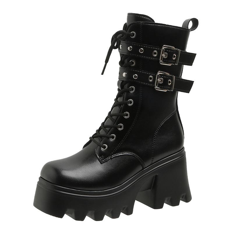 Women's Platform Boots Punk Style Women Mid-calf Boots High Quality Casual Leather Boots for Women Height Increasing Gothic Boot