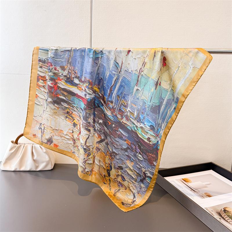 New Oil Painting Print Shawl Square Scarf For Women Wraps Neckerchief Female Hair Bands Ribbon Headband Bandana