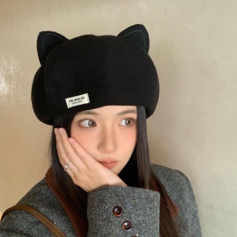 Niedliche Katzenohren Baskenmütze für Damen im Herbst und Winter Neuer Stil Vielseitige Kleine Kürbishut Japanische Wollene Warme Malermütze