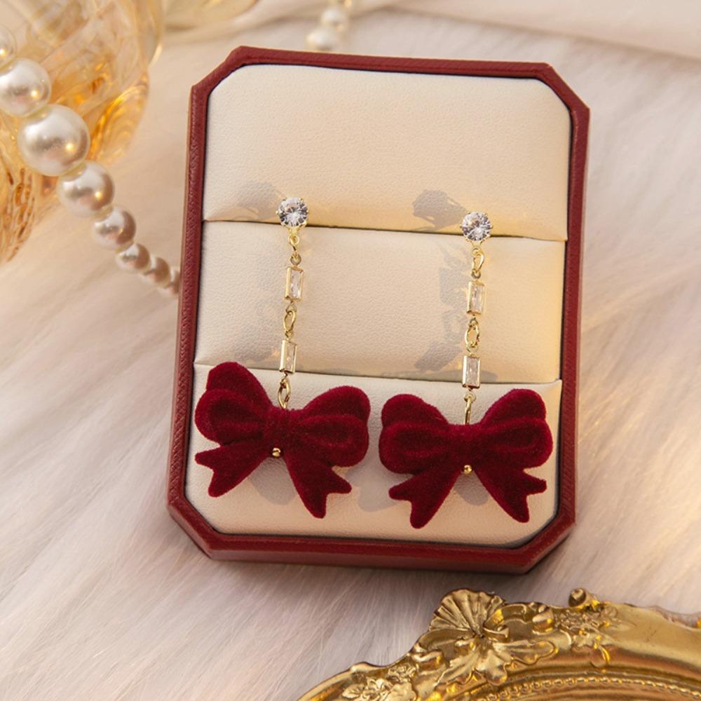 Red Long Tassel Chain Flocking Earrings NEW Bow Dangle Earrings  New Year Gift