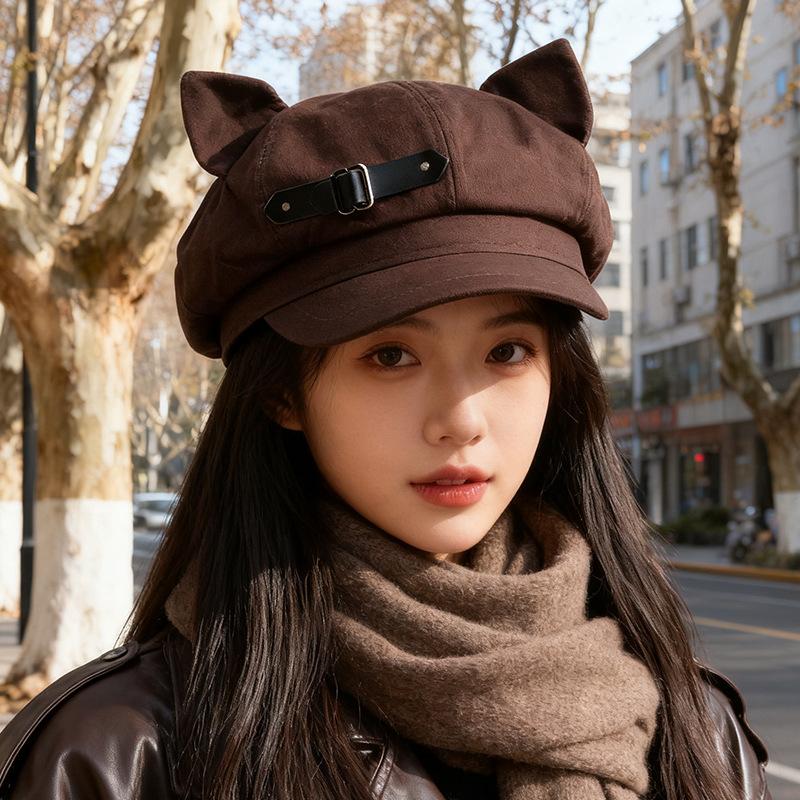 

Двумерная шляпа с кошачьими ушками субкультуры для женщин, японский стиль, британская кожаная пряжка, восьмиугольная шляпа, новый берет M（56-58cm）
