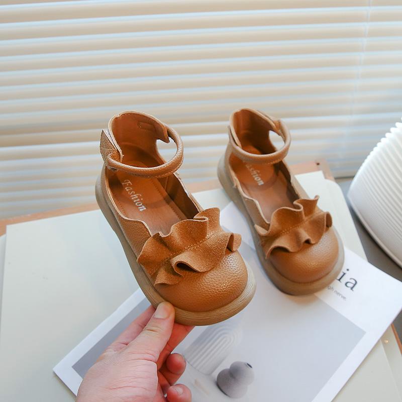 New Girls Princess Leather Shoes Simple Style Children's Pleated Shoes Fashion Causal Kids Versatile Flat Shoes Ankle-strap Soft