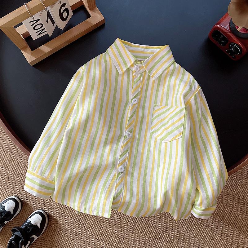 

Полосатая рубашка с длинными рукавами для мальчиков, повседневная футболка, весна-осень 2024, тонкий модный детский хлопковый топ на пуговицах 110