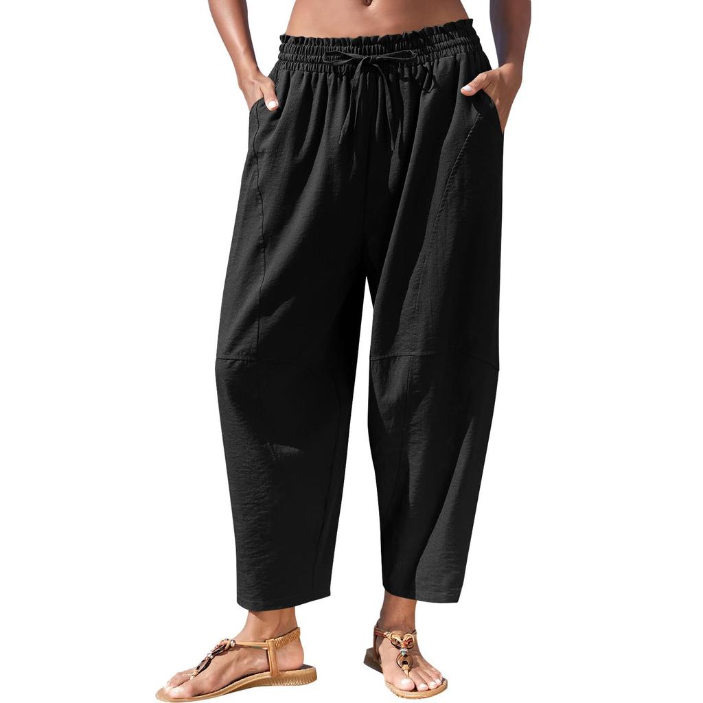 Damen lockere lässige elastische Bundzug-Hosen mit Taschen, leichte entspannte Hose für den Alltag