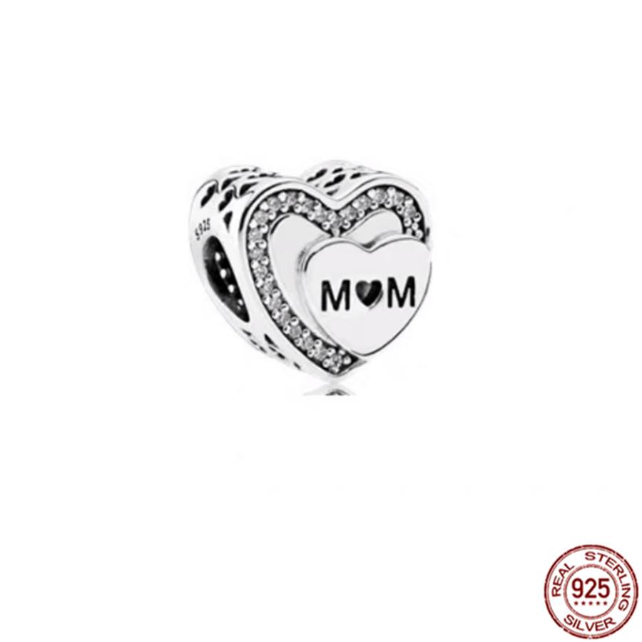 Fine S925 Sterling Silver Love You Mom Double Heart Split Dangle Charm Beads Fit Original  Bracelet DIY Women Jewelry Gift