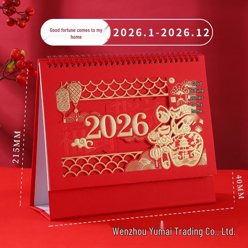 2026 Year of the Horse Desk Calendar with Festive Red Frame, Large Embossed Gold Chinese Style, Monthly Memo, Hot Stamped.