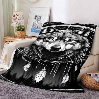 1 pièce Capteur de Rêves Loup Couverture Jetée Douce Flanelle, Confortable Toutes Saisons Polyester Parfait pour la Maison, le Bureau