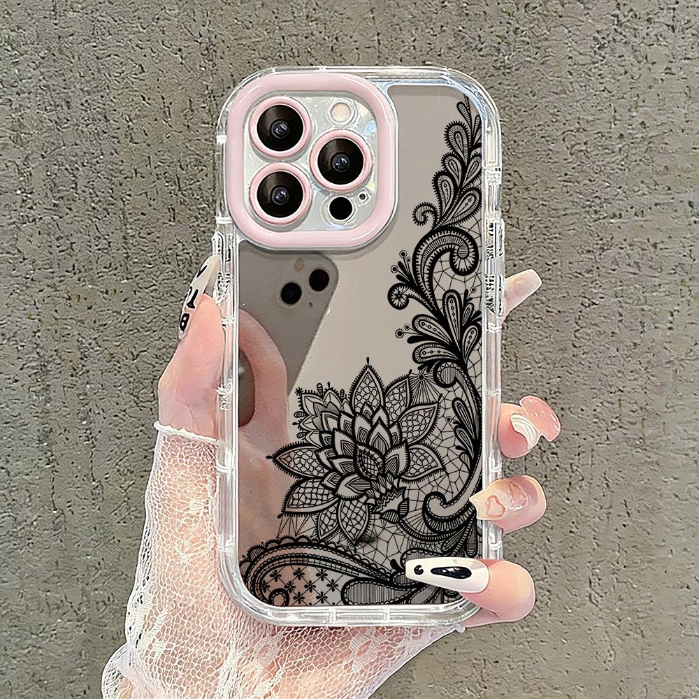 Lace Sexy Black Pattern Mirror Phone Case For iPhone 17 Air 16 Pro Max 17 15 14 13 12 11 7 8 Plus XS XR Protection Back Cover