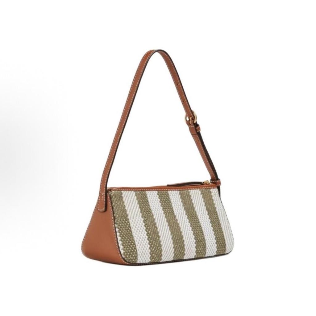 TORY BURCH McGraw Striped Hand-Stitched Fabric and Leather Shoulder Bag Women's Ivory and Olive Green