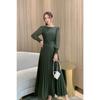 Women Slim Pleated Maxi Dress with Belt Female Streetwear Vintage Dress Tie Front Dress  Robe